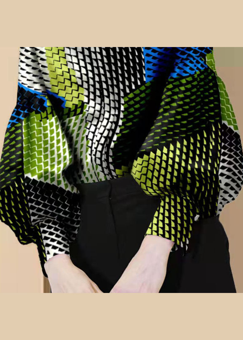 Boho Colorblock-Knopf Peter Pan Kragen Print Blusen Laternenärmel