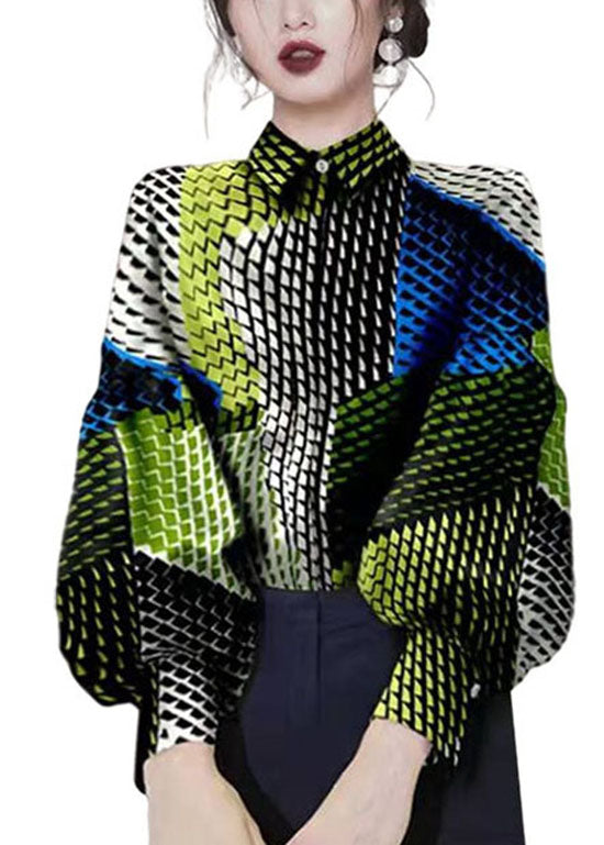 Boho Colorblock-Knopf Peter Pan Kragen Print Blusen Laternenärmel