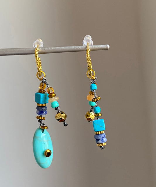 Boho-Ohrhänger mit asymmetrischem Naturstein-Anhänger, kupferfarben überzogen und vergoldet