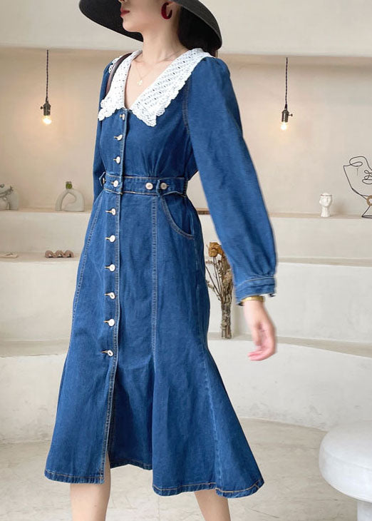 Boho Dunkelblau Slim Fit Button Denim Kleid Frühling