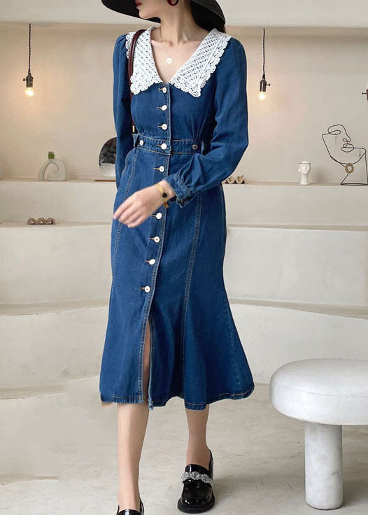 Boho Dunkelblau Slim Fit Button Denim Kleid Frühling