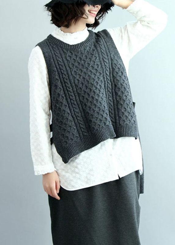 Boho Dark Gray O-Neck Side Open low High Design Fall Knit Vest - SooLinen