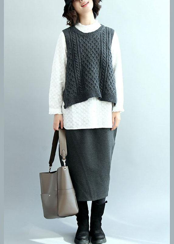 Boho Dark Gray O-Neck Side Open low High Design Fall Knit Vest - SooLinen