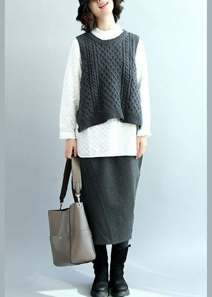 Boho Dark Gray O-Neck Side Open low High Design Fall Knit Vest - SooLinen