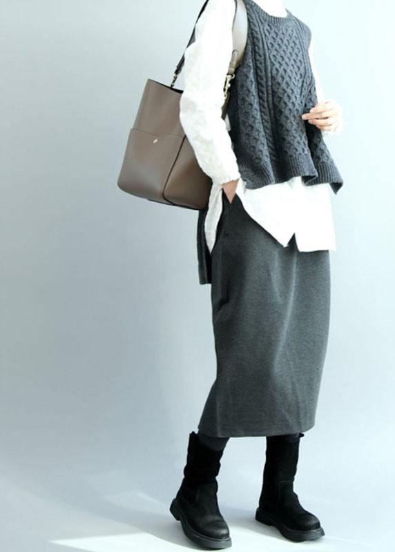 Boho Dark Gray O-Neck Side Open low High Design Fall Knit Vest - SooLinen