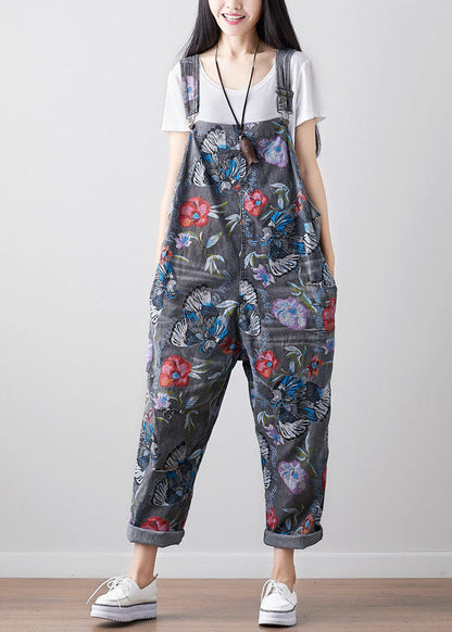 Boho Dunkelgrau Print Cowboy Jumpsuit Frühling