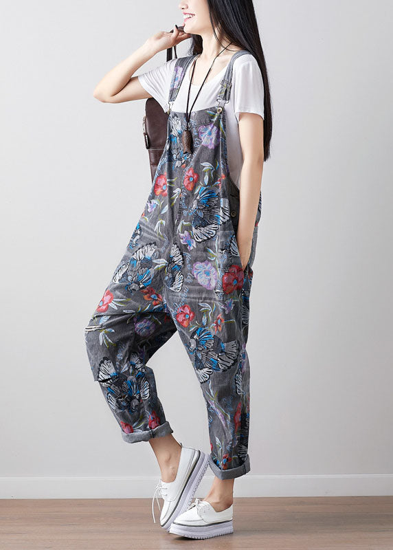 Boho Dunkelgrau Print Cowboy Jumpsuit Frühling
