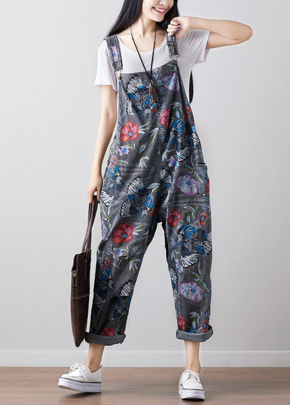 Boho Dunkelgrau Print Cowboy Jumpsuit Frühling