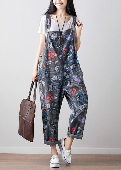 Boho Dunkelgrau Print Cowboy Jumpsuit Frühling
