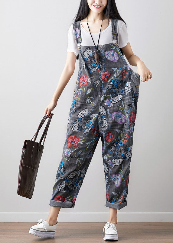 Boho Dunkelgrau Print Cowboy Jumpsuit Frühling