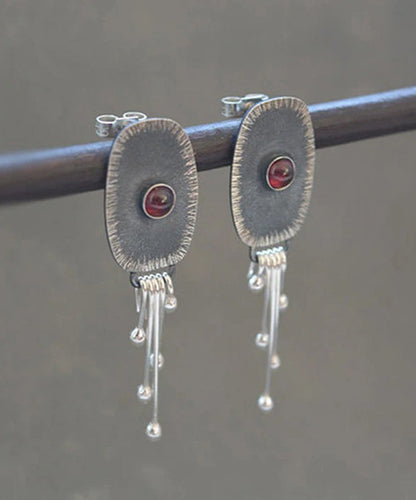 Boho Dark Grey Alloy Oval Gem Stone Tassel Drop Earrings