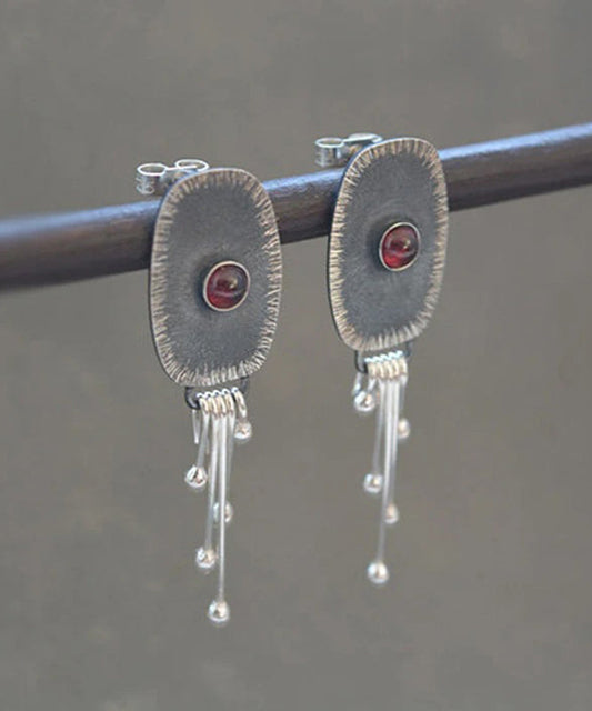 Boho Dark Grey Alloy Oval Gem Stone Tassel Drop Earrings