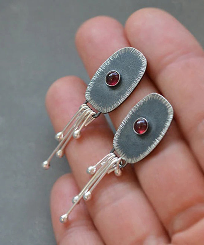 Boho Dark Grey Alloy Oval Gem Stone Tassel Drop Earrings