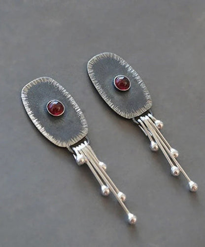 Boho Dark Grey Alloy Oval Gem Stone Tassel Drop Earrings