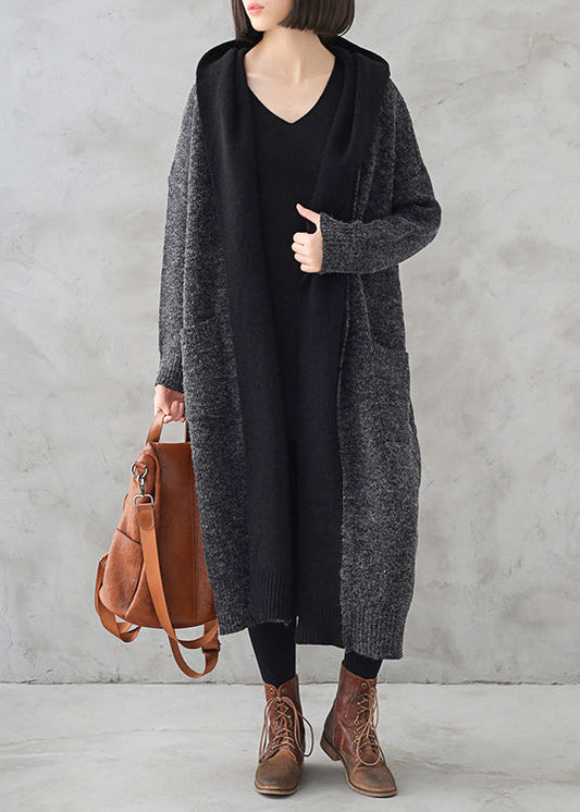 Boho Dunkelgrau Wolle Patchwork Strick Kapuze Maxi Trenchcoats Herbst