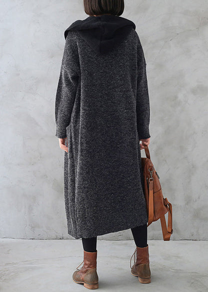 Boho Dunkelgrau Wolle Patchwork Strick Kapuze Maxi Trenchcoats Herbst