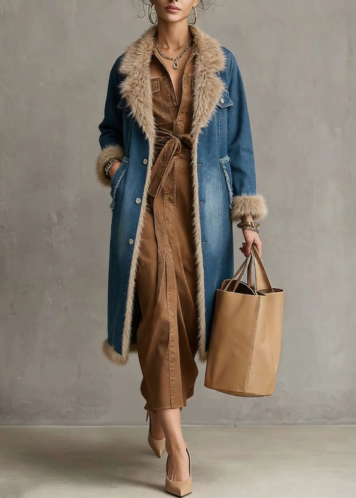 Boho Denim Blue Notched Patchwork Faux Fur Fine Cotton Filled Trench Coats Winter