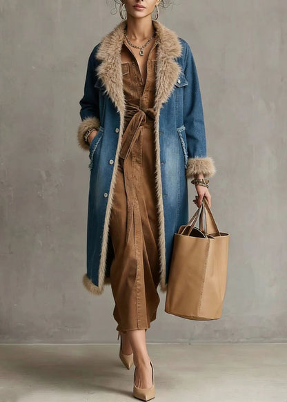 Boho Denim Blue Notched Patchwork Faux Fur Fine Cotton Filled Trench Coats Winter