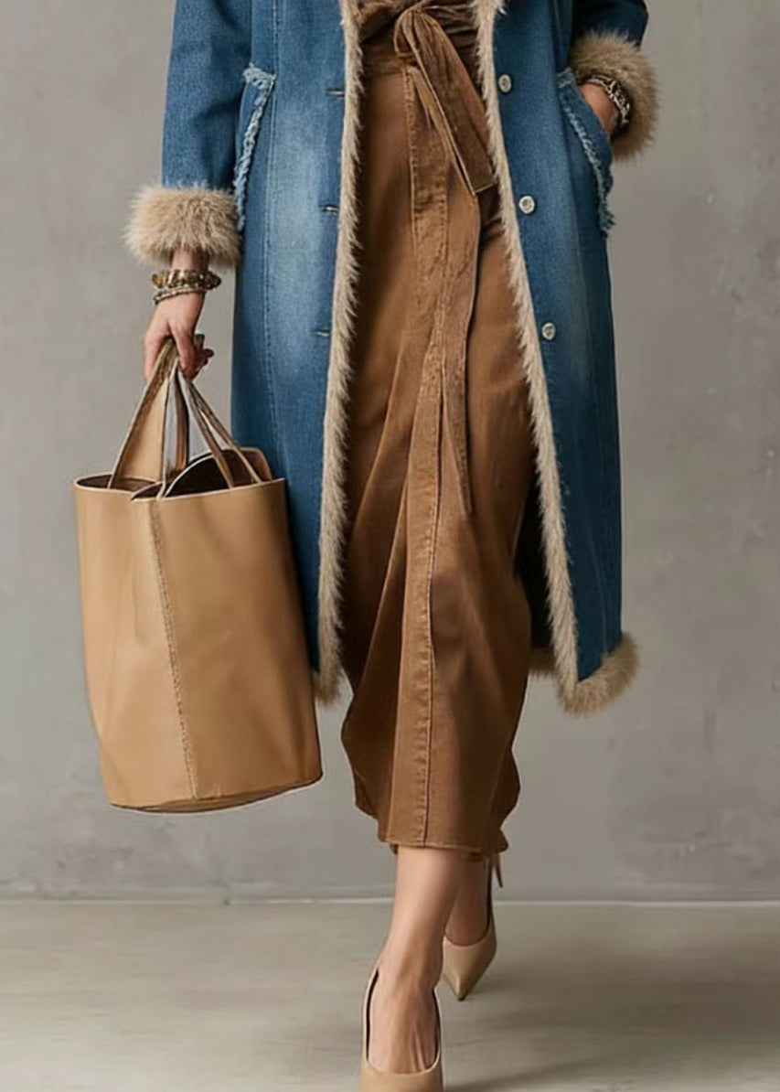 Boho Denim Blue Notched Patchwork Faux Fur Fine Cotton Filled Trench Coats Winter