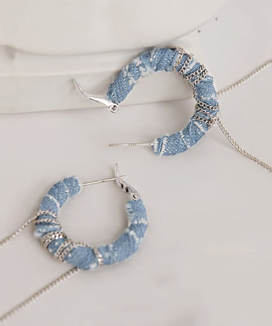 Pendientes colgantes con borlas y cadena vaquera de plata de ley en azul vaquero estilo bohemio
