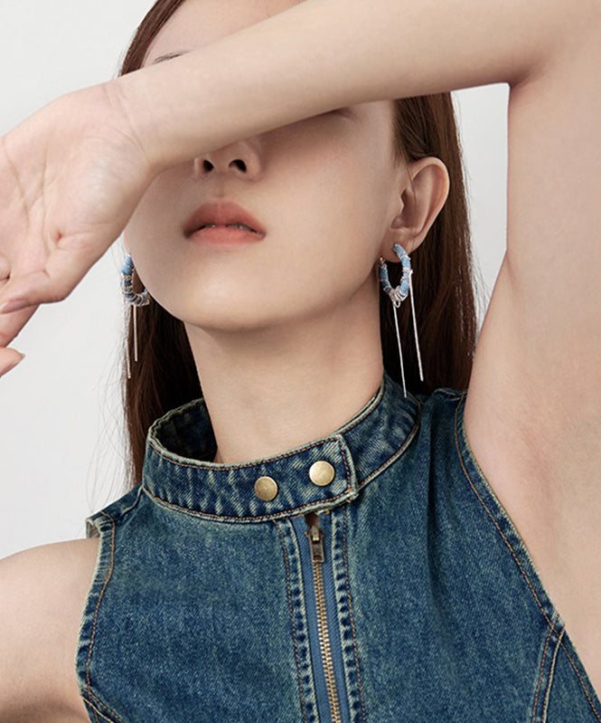 Boho-Ohrringe aus blauem Sterlingsilber mit Denimkette und Quaste