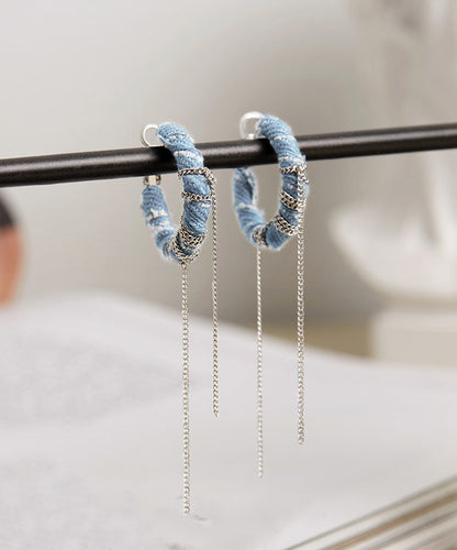 Boho-Ohrringe aus blauem Sterlingsilber mit Denimkette und Quaste
