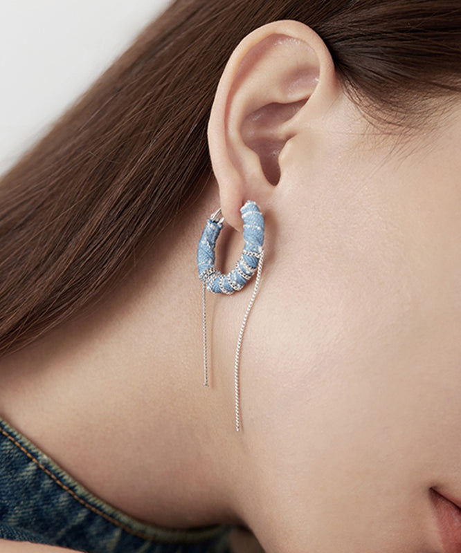 Boho-Ohrringe aus blauem Sterlingsilber mit Denimkette und Quaste