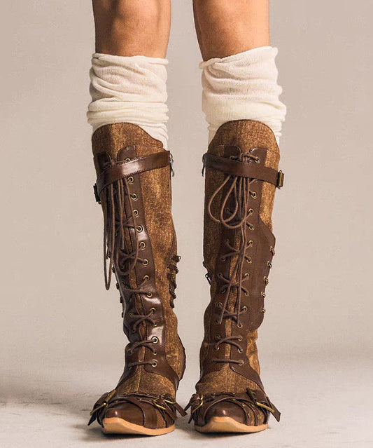 Boho-Denim-Schnürstiefel mit Keilabsatz aus braunem Rindsleder