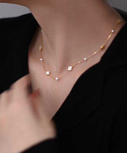 Boho Four Leaf Clover Pearl Starlight Adjustable Gold Plated Choker