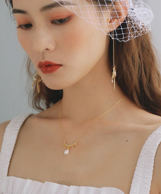 Collar bohemio con colgante de perla y circonita de aleación de oro