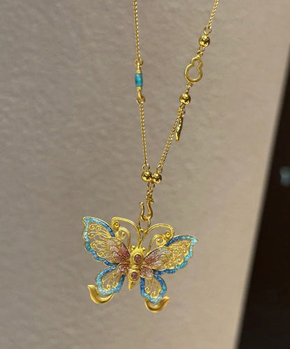 Boho Gold Sterling Silber Overgilt Schmetterling Hohl Out Anhänger Halskette