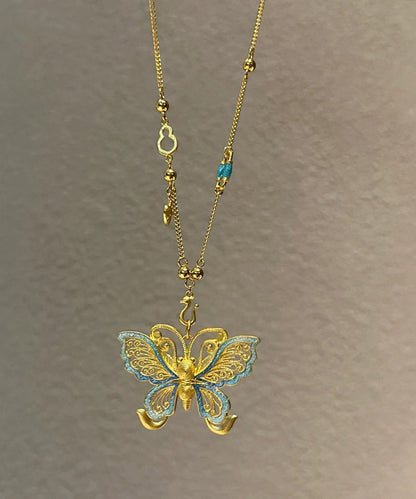 Boho Gold Sterling Silber Overgilt Schmetterling Hohl Out Anhänger Halskette
