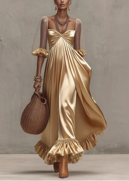 Boho Golden Exra Large Hem Patchwork Tulle Maxi Dresses Summer