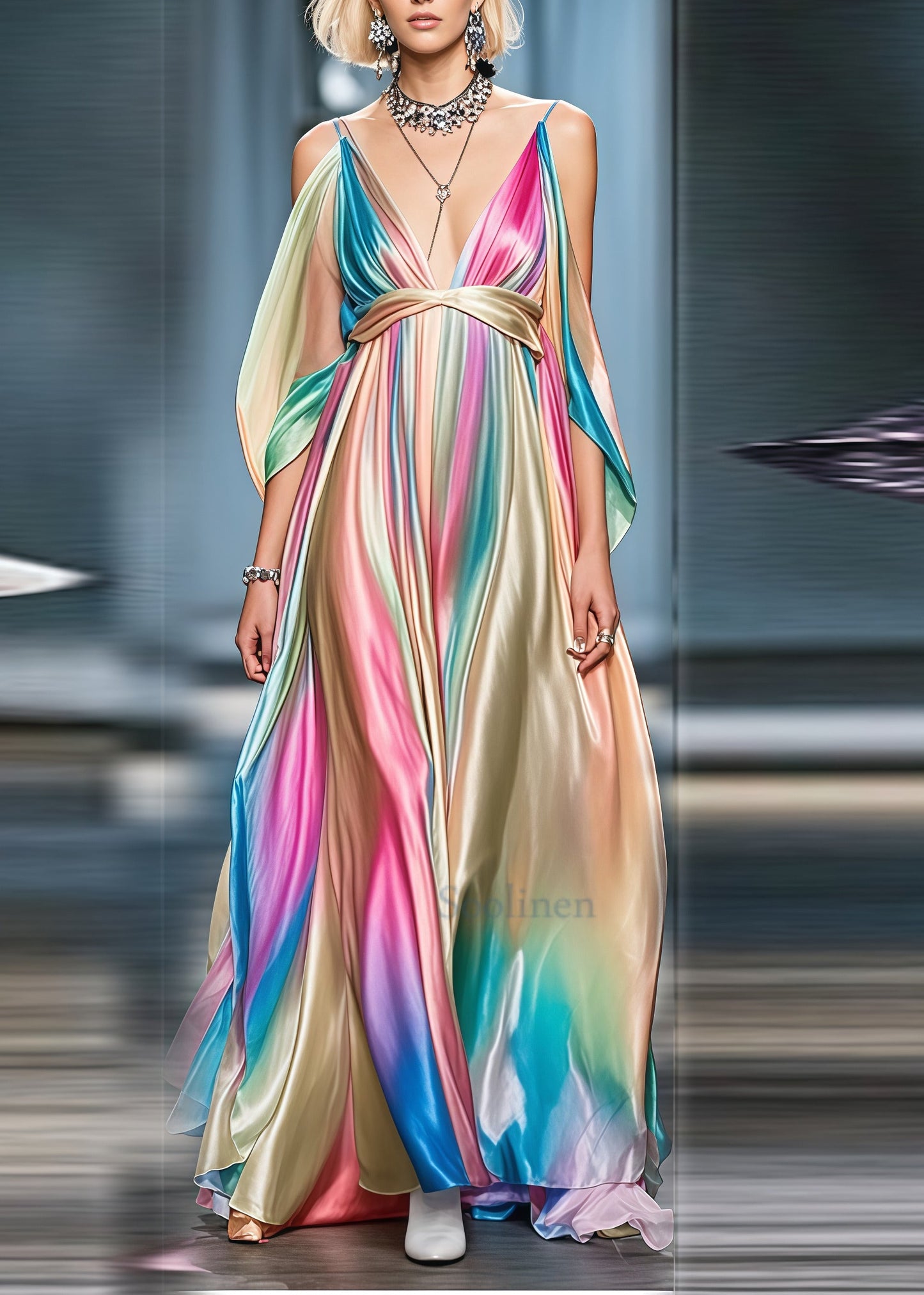 Boho Gradient Color Cold Shoulder Exra Large Hem Silk Party Dress Summer