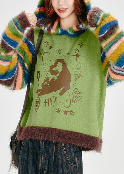 Boho-Sweatshirt mit Kapuze, grasgrün, Patchwork-Streifen, Winter