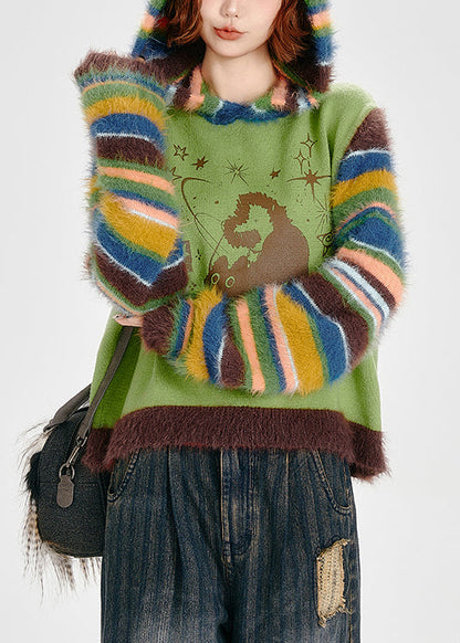 Boho-Sweatshirt mit Kapuze, grasgrün, Patchwork-Streifen, Winter