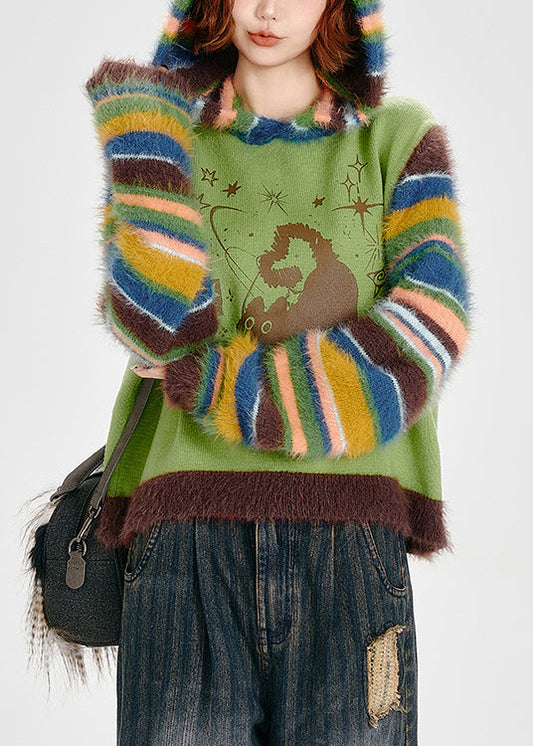 Boho-Sweatshirt mit Kapuze, grasgrün, Patchwork-Streifen, Winter