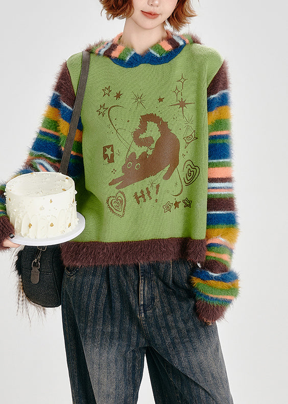 Boho-Sweatshirt mit Kapuze, grasgrün, Patchwork-Streifen, Winter