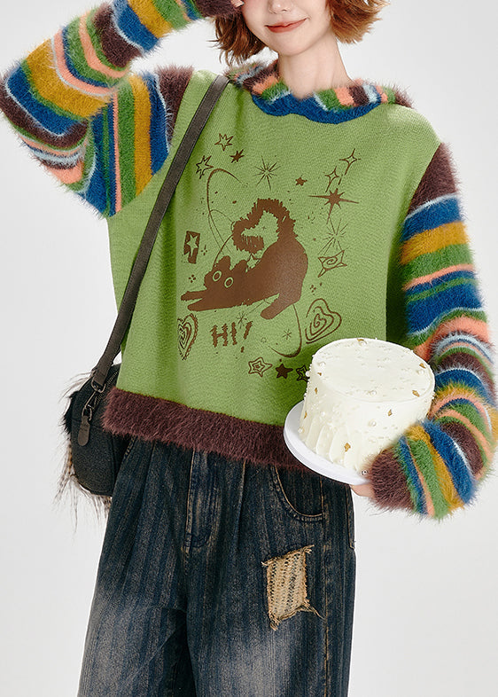 Boho-Sweatshirt mit Kapuze, grasgrün, Patchwork-Streifen, Winter