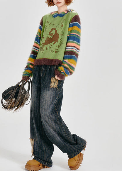 Boho-Sweatshirt mit Kapuze, grasgrün, Patchwork-Streifen, Winter