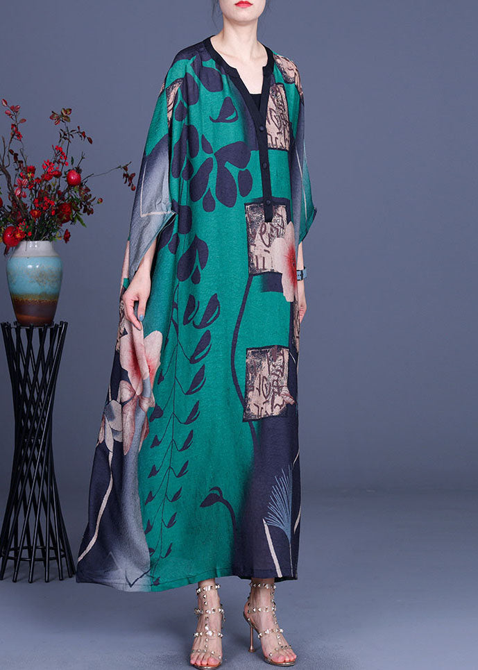 Boho-Kleid mit grünem Knopfdruck und halblangen Ärmeln