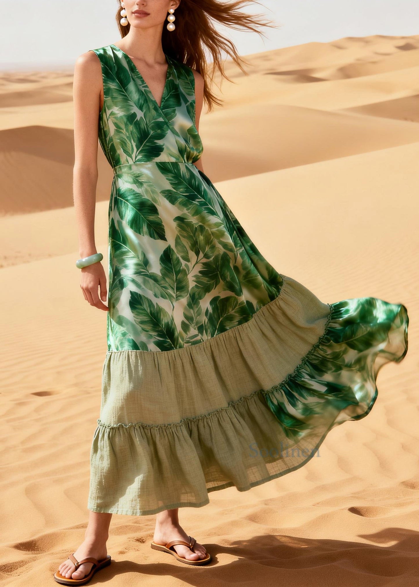Boho Green Leaf Patchwork Silk Ankle Dress Summer