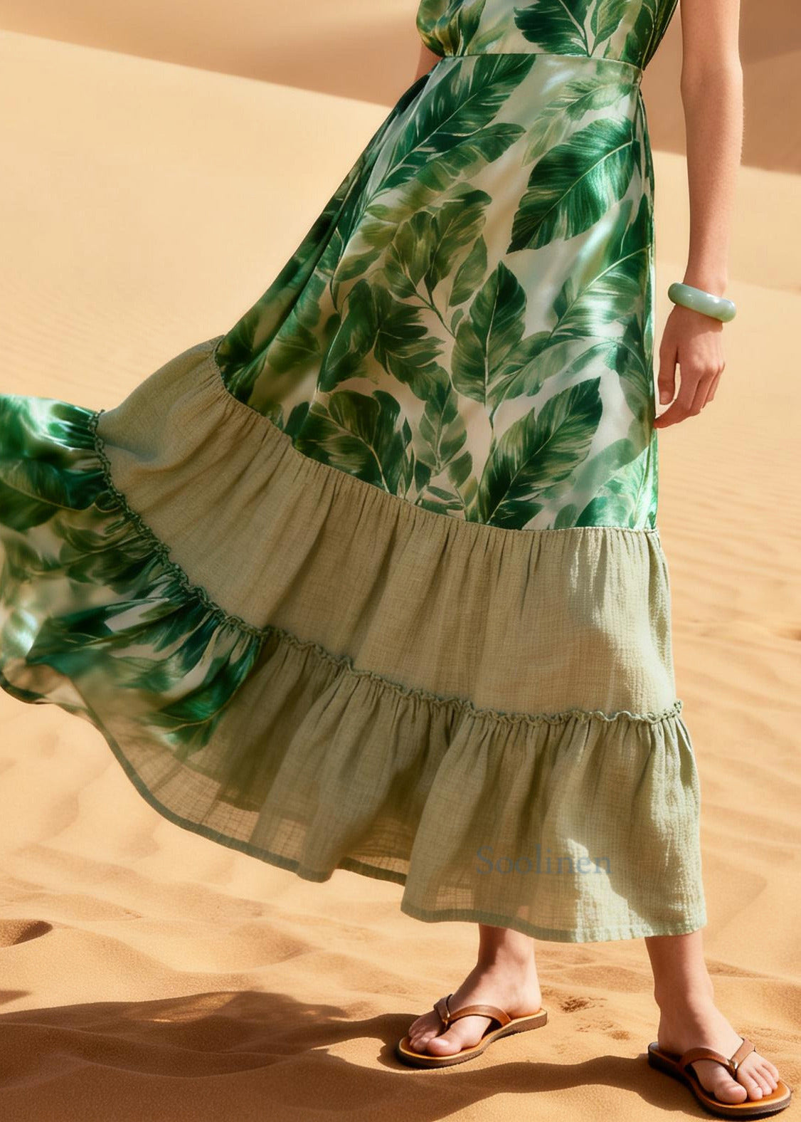 Boho Green Leaf Patchwork Silk Ankle Dress Summer