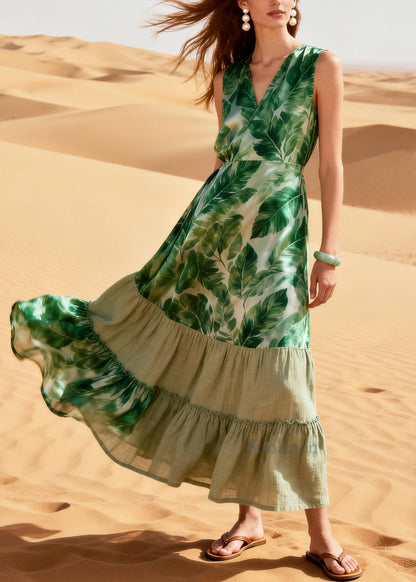 Boho Green Leaf Patchwork Silk Ankle Dress Summer