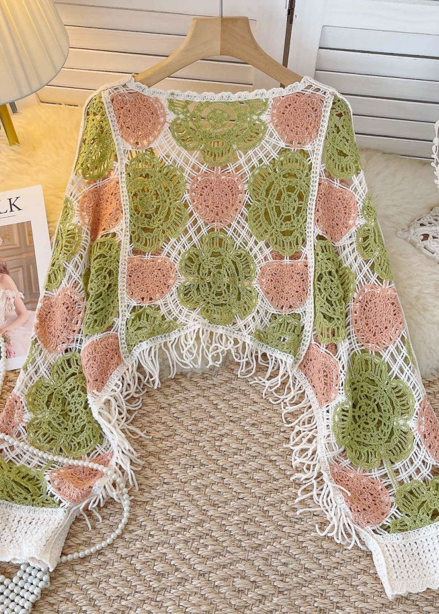 Camisa de punto con cuello redondo, borlas y patchwork ahuecada, estilo bohemio, verde, para primavera