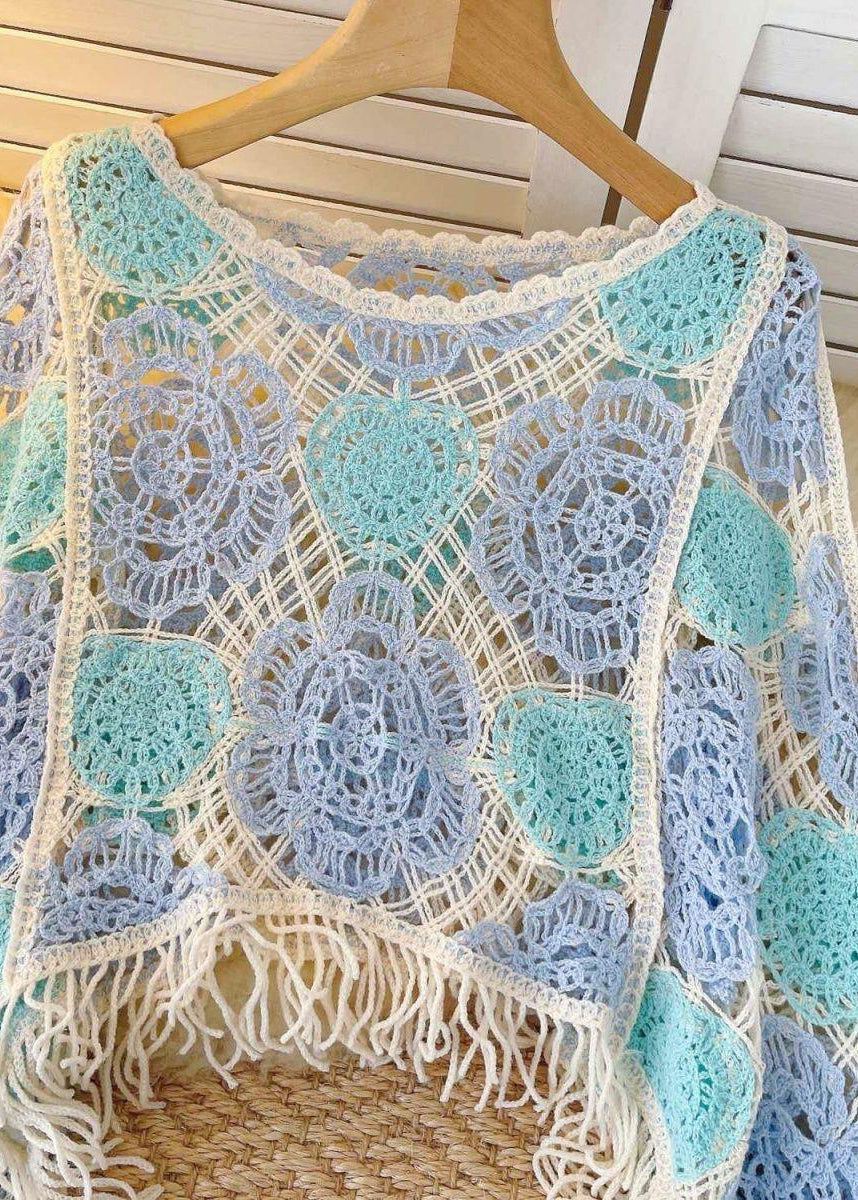 Camisa de punto con cuello redondo, borlas y patchwork ahuecada, estilo bohemio, verde, para primavera