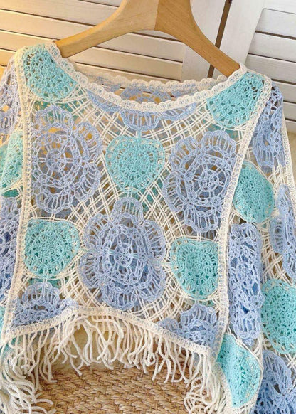 Camisa de punto con cuello redondo, borlas y patchwork ahuecada, estilo bohemio, verde, para primavera