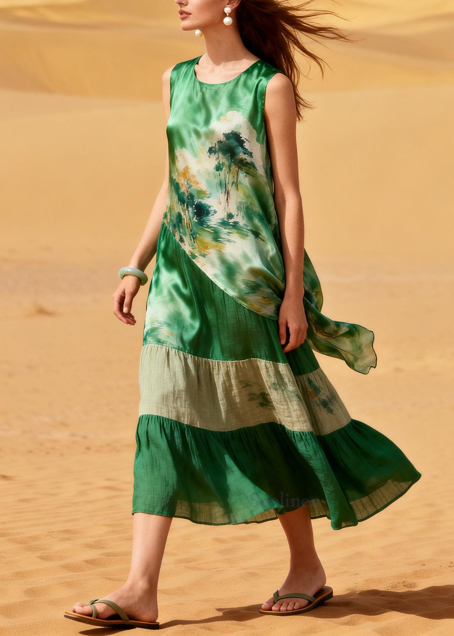 Boho Green Oversized Patchwork Silk Long Dress Summer