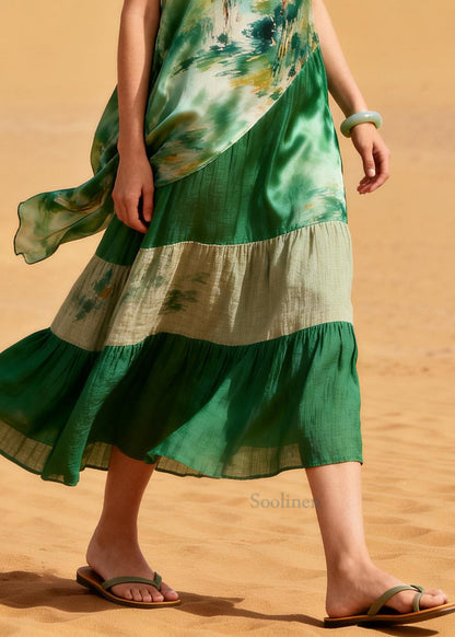 Boho Green Oversized Patchwork Silk Long Dress Summer