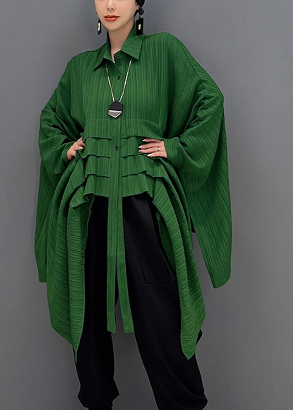 Boho Grün Peter Pan Kragen Asymmetrische Low High Design Button Shirt Langarm